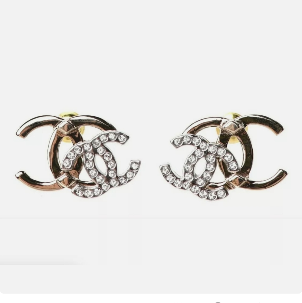 NEW CHANEL DOUBLE CC Logo Earrings Crystal & Silve